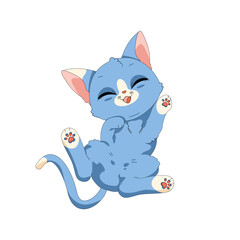 Ręcznie rysowany uroczy mały kotek w niebieskim kolorze. Wektorowa ilustracja zadowolonego, rozbawionego kota. Słodki, zabawny zwierzak. Obrazki dla dzieci. - obrazy, fototapety, plakaty