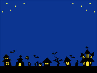 ハロウィンの日、夜の街並みのイラスト。