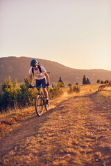 A cyclist rides a bike on forest roads at sunset
