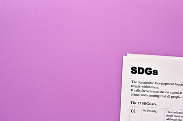 There is dummy documents that created for the photo shoot about SDGs. It's placed on a color background.