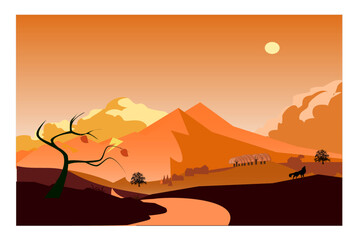 Panoramic autumn landscape with lush trees, fallen leaves orange foliage in a rural village. Vector illustration.