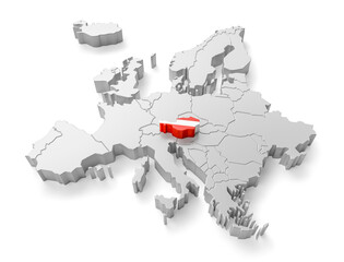 europe map with Austria country flag in 3d render - obrazy, fototapety, plakaty