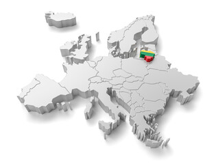 europe map with Lithuania country flag in 3d render