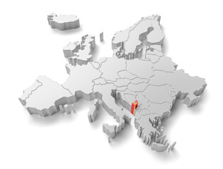 europe map with Montenegro country flag in 3d render - obrazy, fototapety, plakaty