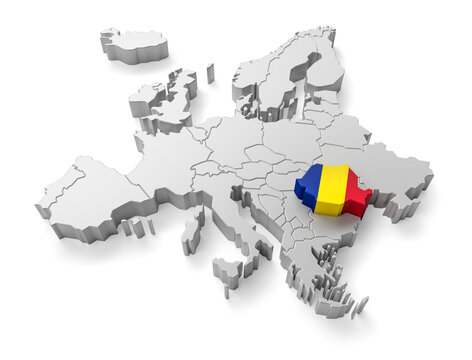 europe map with Romania country flag in 3d render