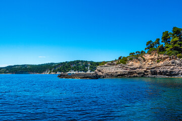 Fototapeta premium Amazing view of Spartines beach during boating in Alonissos island, Greece