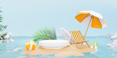 summer background 3d product display platform scene with surfboard platform. sky cloud summer background 3d render on the ocean display. podium on sand beach cosmetic product display stand