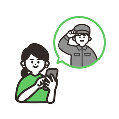 携帯を使用して作業員に依頼する女性 green