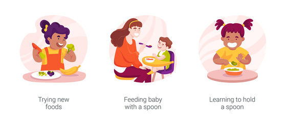 Infant eating habits and skills isolated cartoon vector illustration set