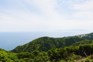 Fototapeta na wymiar 都井岬灯台から見る若葉と太平洋 