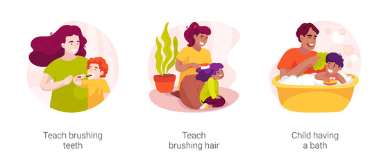 Personal hygiene and self-care skills at home isolated cartoon vector illustration set