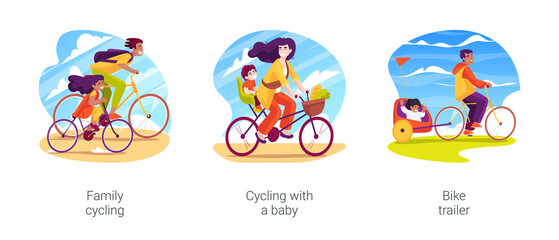 Family cycling isolated cartoon vector illustration set