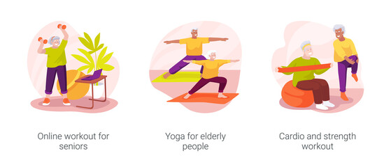 Fitness for seniors isolated cartoon vector illustration set