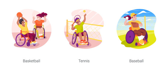 Sports for disabled kids isolated cartoon vector illustration set