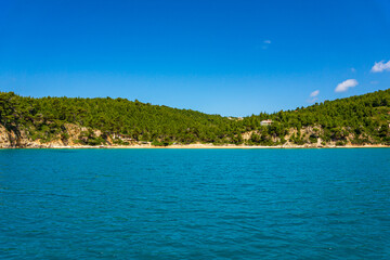 Fototapeta na wymiar Amazing view of Spartines beach during boating in Alonissos island, Greece