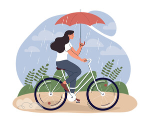 Woman on bicycle under rain. Girl with umbrella in hands in storm, active lifestyle, sport and travel. Character on walk in park in autumn season, person outdoor. Cartoon flat vector illustration