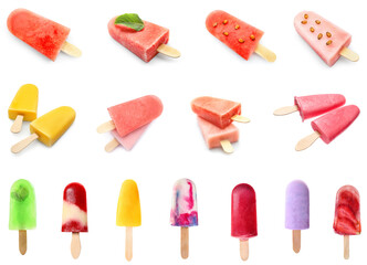 Set of many different sweet ice-cream isolated on white
