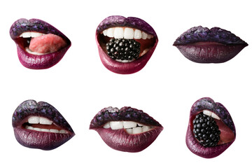Set of beautiful female lips with creative makeup and blackberry on white background