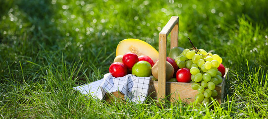 Wooden basket with fresh fruits on green grass outdoors