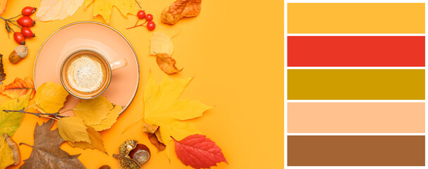 Beautiful autumn composition with cup of coffee and fallen leaves on yellow background. Different color patterns