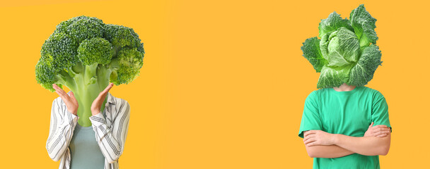 People with green vegetables instead of their heads on orange background with space for text