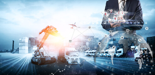Smart technology logistics concept,  Businessman touching virtual screen world map of Global logistics network distribution, Air cargo trucking, Rail transportation, Online goods orders worldwide