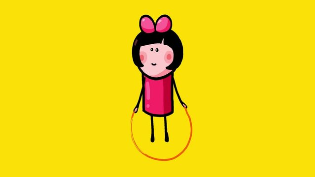 Cartoon kid character with skipping rope. Happy girl. Seamless loop alpha channel.