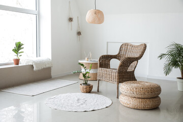 Comfortable armchair with houseplants in light room