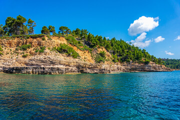 Obraz premium Amazing view of Spartines beach during boating in Alonissos island, Greece