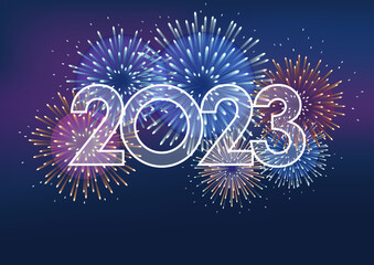 年賀状素材　2023年のロゴと花火のテキストスペース付き背景イラスト