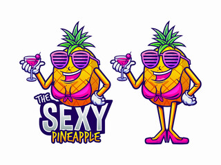 illustration of sexy pinneapple wearing bikini and bring cocktail