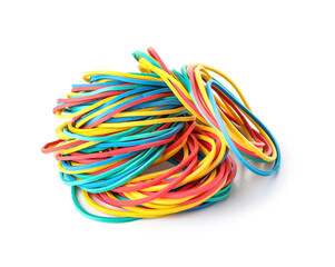 Different rubber bands on white background