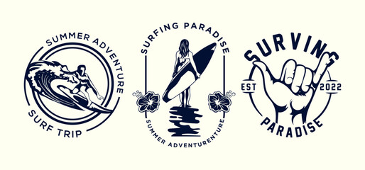 vintage surfing monochrome logo set