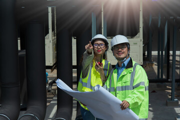 worker in uniform. construction worker, Engineer on site. Couple worker standing and disscuss job...