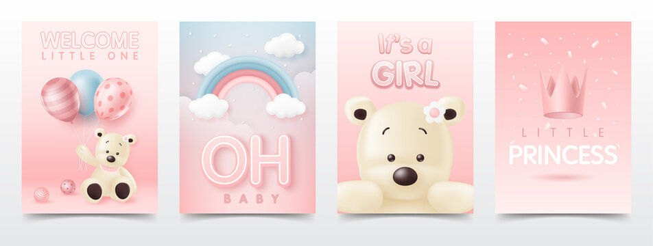 Set of cute baby shower cards including Teddy bear, crown, balloons and rainbow for greeting invitation cards, album, poster, online store, baby girl and children birthday party. vector illustration.