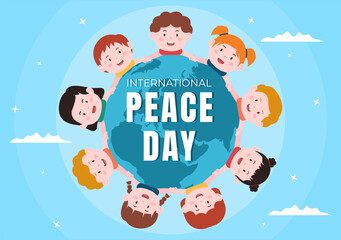 Fototapeta premium International Peace Day Cartoon Illustration with Hands, Cute Children, Globe and Blue Sky to Create Prosperous in the World in Flat Style Design