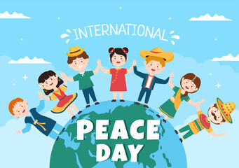 International Peace Day Cartoon Illustration with Hands, Cute Children, Globe and Blue Sky to Create Prosperous in the World in Flat Style Design