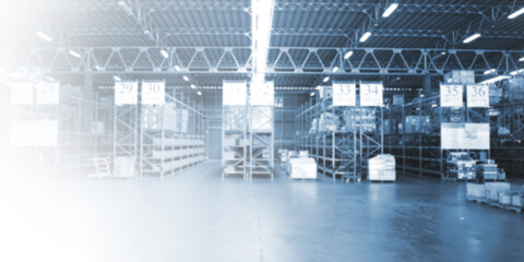 warehouse with copy space , Huge distribution warehouse with high shelves and loaders. Bottom view.