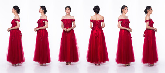 Full length body of Asian beautiful woman wear Red evening sequin gown, 360 front side back rear