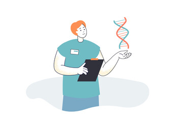 Male doctor holding clipboard and DNA symbol on palm. Genetics, human genome, chromosome flat vector illustration. Microbiology and biotechnology concept for banner, website design or landing web page