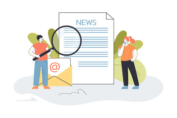 Tiny man and woman checking and editing news. Male and female editors standing at document and email letter with magnifying glass flat vector illustration. Social media marketing concept for banner
