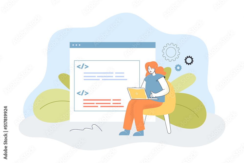 Poster tiny female web designer or programmer writing html code on laptop. website development, software en