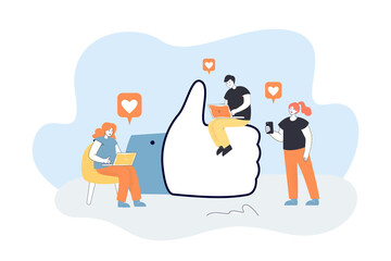 Tiny people getting or clicking likes on their devices. Man and women using social networks on laptops and smartphone at thumb up sign flat vector illustration. Social networking concept for banner - obrazy, fototapety, plakaty