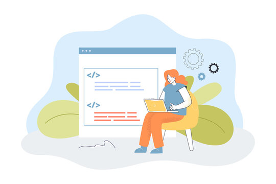 Tiny female web designer or programmer writing html code on laptop. Website development, software engineering flat vector illustration. Programming concept for banner, website design 