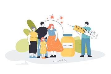 Family standing at doctor with syringe for coronavirus vaccine. Tiny people getting injection for immunization flat vector illustration. Healthcare and preventive medicine concept for banner