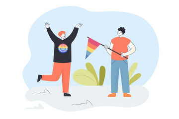Happy man with peace sign on shirt and friend holding flag. Supporters or activists of peace movement flat vector illustration. Peace, freedom, community concept for banner or landing web page