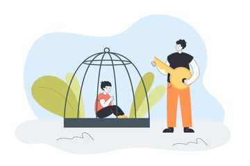 Father locking teenage son in cage. Authoritarian man punishing child with home detention flat vector illustration. Domestic violence, family problems concept for banner, website design 