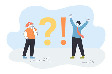 Tiny man and woman standing at question and exclamatory marks. Girl asking question and businessman having answer flat vector illustration. Faqs concept for banner, website design or landing web page