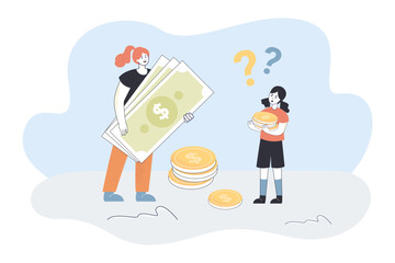 Tiny woman standing with dollar banknotes and girl holding coins. Mother giving pocket money to daughter flat vector illustration. Financial education concept for banner, website design or landing 