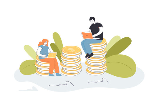 Tiny male and female freelancers earning money on laptops. Man and woman using computers sitting on dollar coin piles flat vector illustration. Remote work, freelance concept for banner
